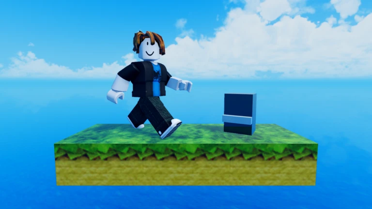 Roblox character running beside a simple block on a floating grass platform